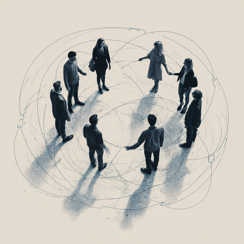 A group of people gathering together talking